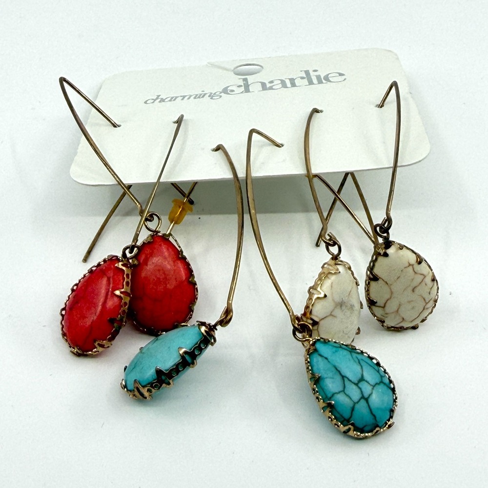 Charming Charlie Faux Turquoise Howlite Teardrop Dangle Earrings Set of 3